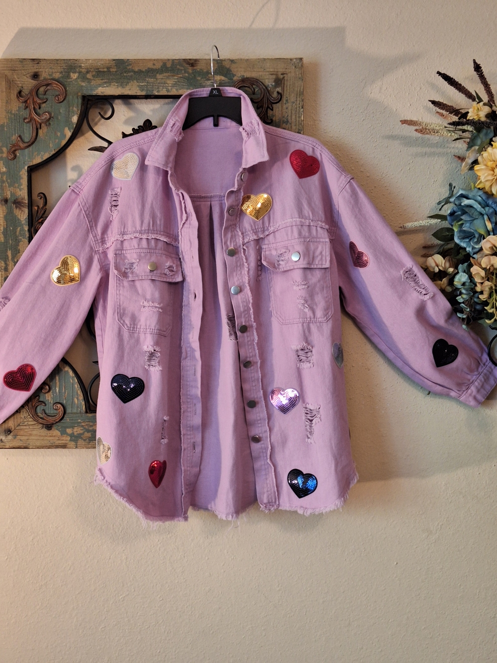 Lavender Sequin Heart Distressed Denim Jacket - Women's Shacket. Size L/XL